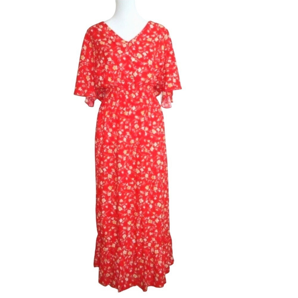 Kindred Floral Maxi‎ Dress Women L Red V-Neck Flutter Sleeve Smocked Waist